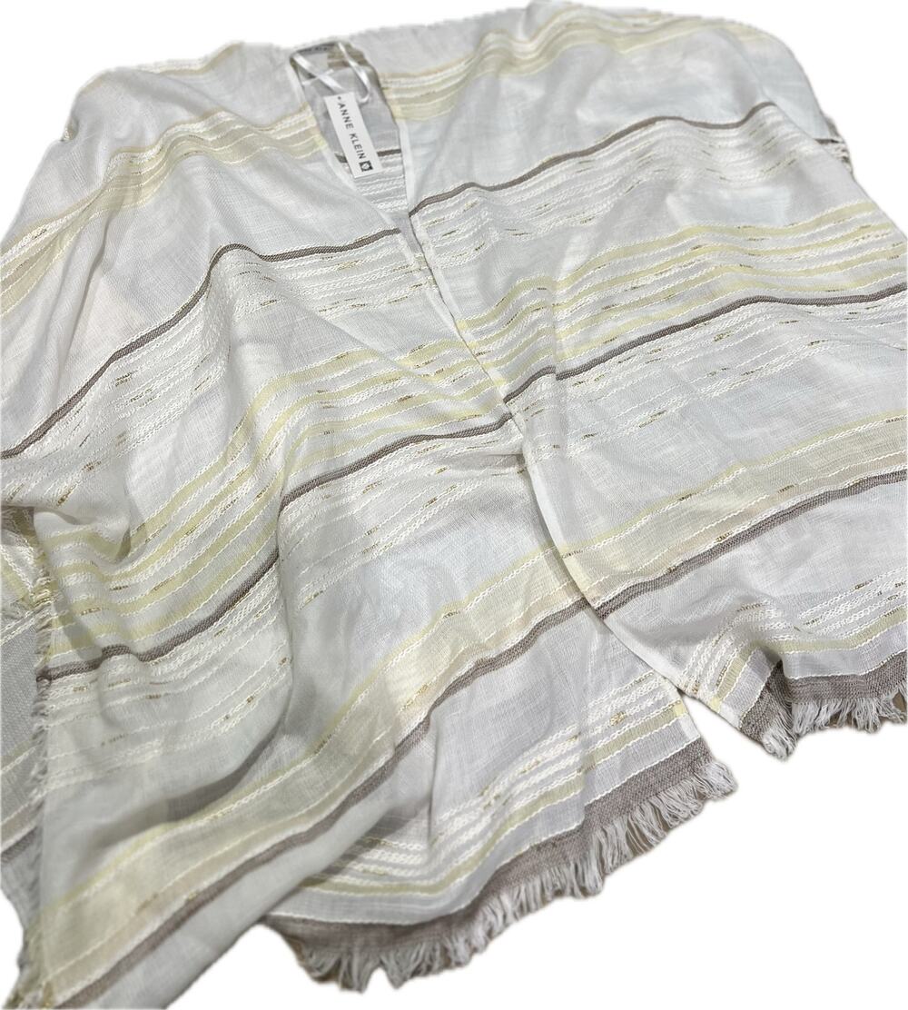 NWT Anne Klein White/Ivory Shawl with Striped & Fringed Detailing OSFM